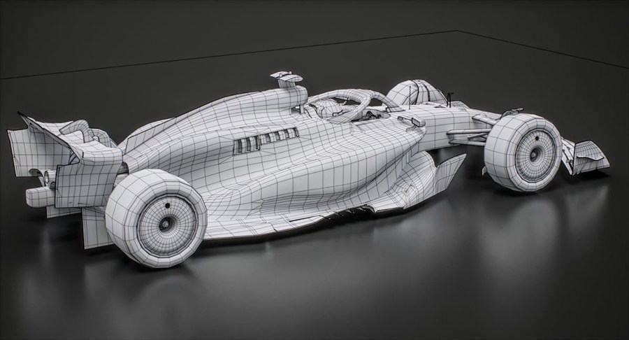A wireframe 3D model of a Formula 1 car being prepared for printing.