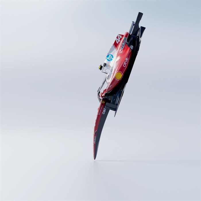 A 3D-printed Ferrari Formula 1 car in number 44 livery, shown nose-down.