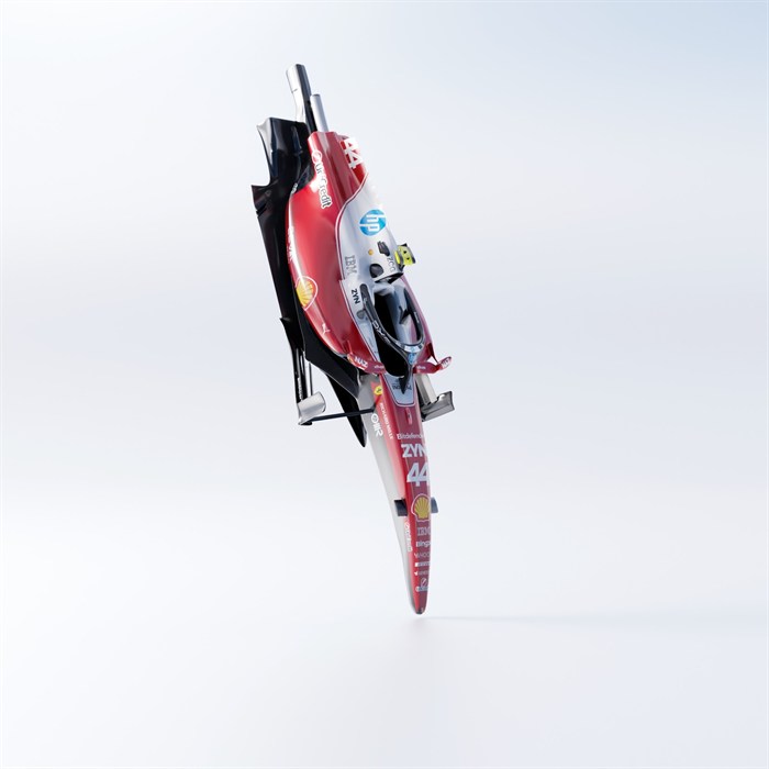 A 3D-printed Ferrari Formula 1 car in number 44 livery, seen from above.