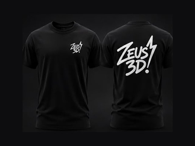 Black Zeus 3D t-shirt shown front and back, with a small chest mark and a large back print.